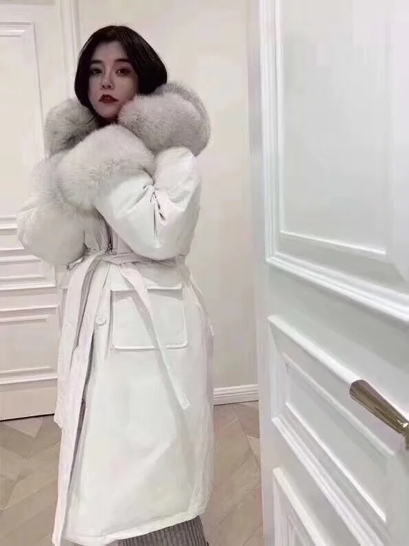 Корейская мода белый утиный пух куртка женская X long зима 2019 натуральный Лисий мех