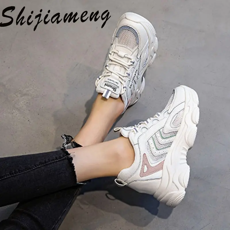 

Папины кроссовки женские на толстой подошве 7,5 см, весна 2021, сетчатая дышащая Спортивная обувь для женщин, кожаные кроссовки для бега