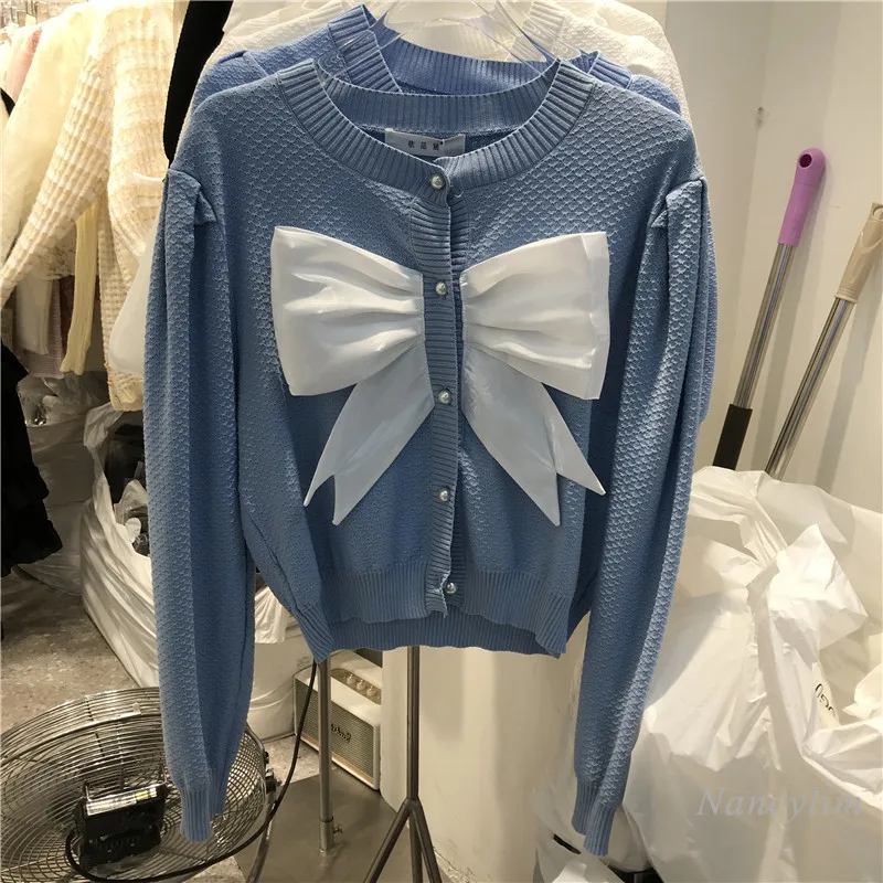 

Big Bow Knitted Cardigan for Women 2021 Autumn New Long Sleeve Pearl Buckle Round Neck Long Sleeves Outerwear Sweater Coat