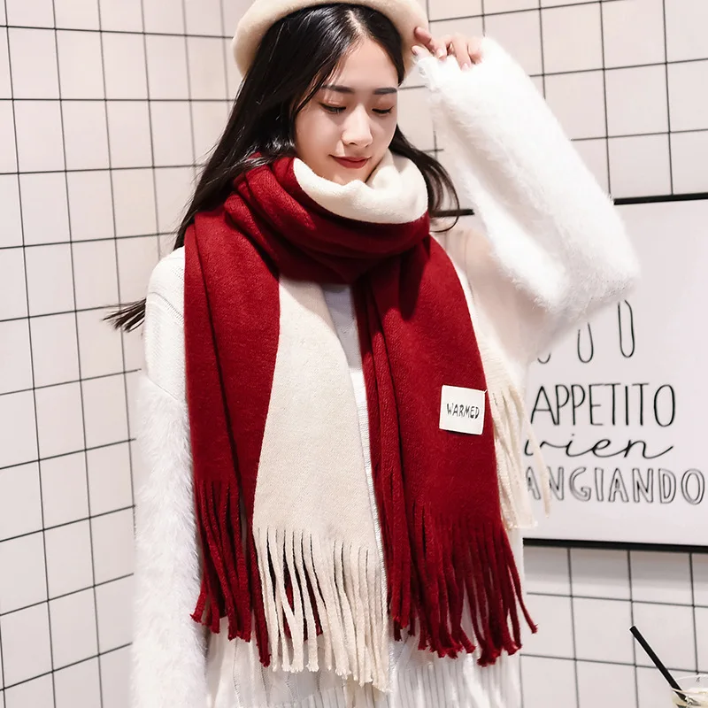 Patchwork wine red Женские однотонные кашемировые шарфы, женские зимние плотные теплые мягкие пашмины шали, шали, палантины, розовый, черный, Женский вязаный шерстяной длинный шарф - Цвет: Patchwork wine red