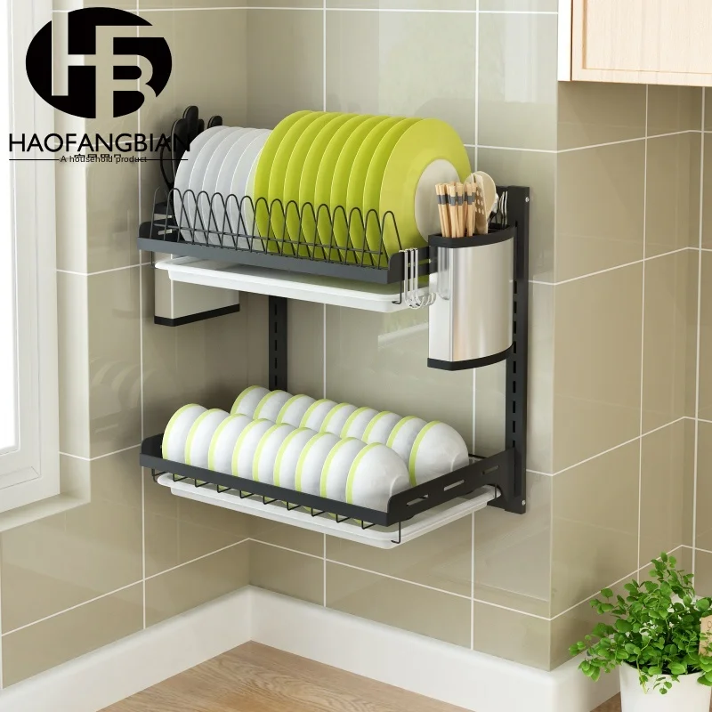 

Punch-Free Stainless Steel Black Kitchen Storage Rack Wall-Mounted Bowl Dish Knife and Chopsticks Draining Bowl Rack Bowl Drying