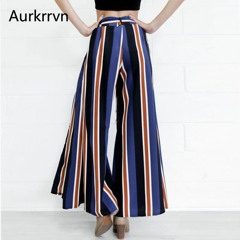 

Avrkrrvn Striped Sexy Split Wide Leg Pants Woman Vacation Lace Up Loose Long Pants Womens Boho Oversize OL Trousers Lady 2020