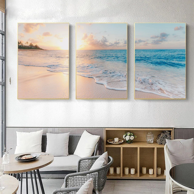 

Natural Seascape Blue Sea Beach Sunset Landscape Posters and Prints Modern Canvas Painting Wall Art Picture for Living Room