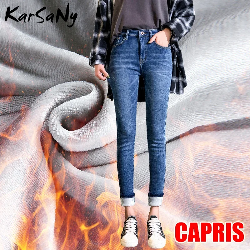 Зимние теплые джинсы женские винтажные осенне-зимние бархатные черные флисовые