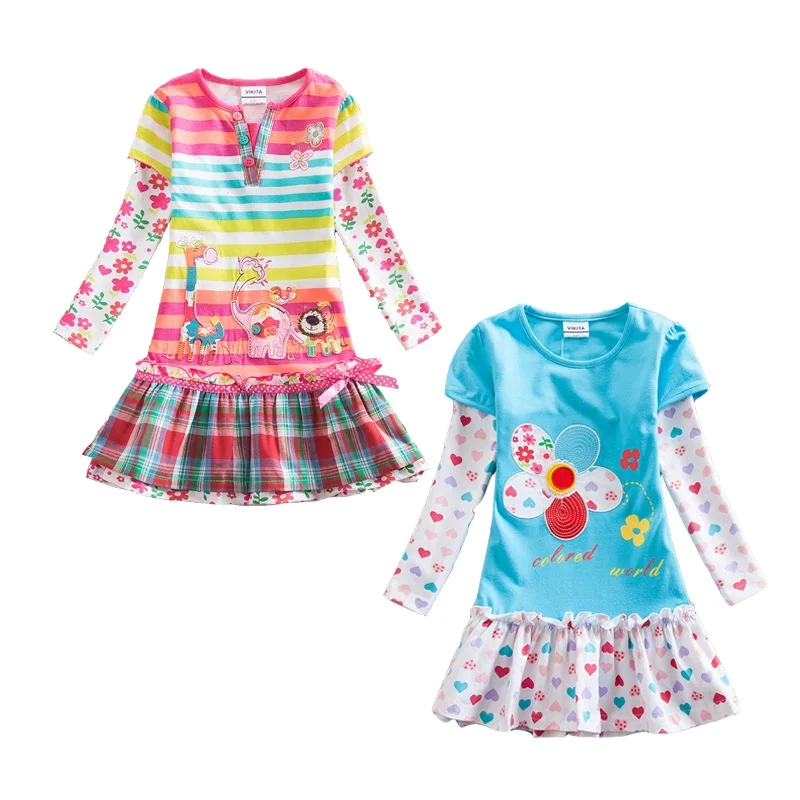 Детское Хлопковое платье с цветочным принтом длинным рукавом и круглым вырезом |