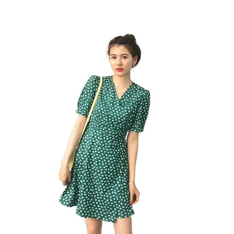 

French Vintage Floral Wrap-up Lace-up Dress Women 2021 Summer Fashion Elegant Green Harajuku Bandage High Waist Party Midi Dress