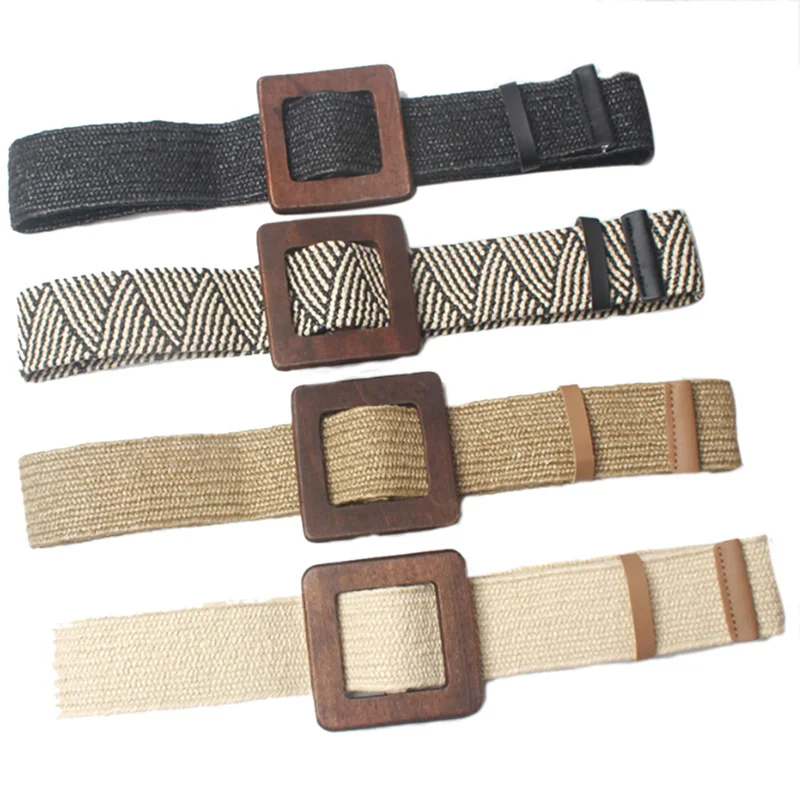 

1PC Square Buckle Elastic Straw Belt Women Braided Wide Woven Waistband