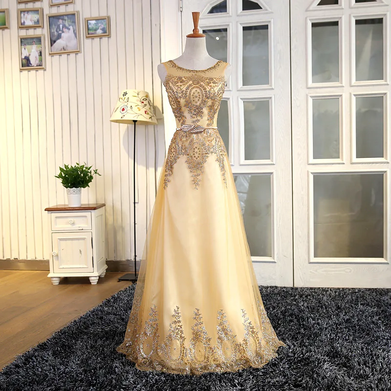 

Gold Lace Appliques Long Evening Dresses Beading Floor Length Dress Formal Evening Gowns China Vestido Longo 2019