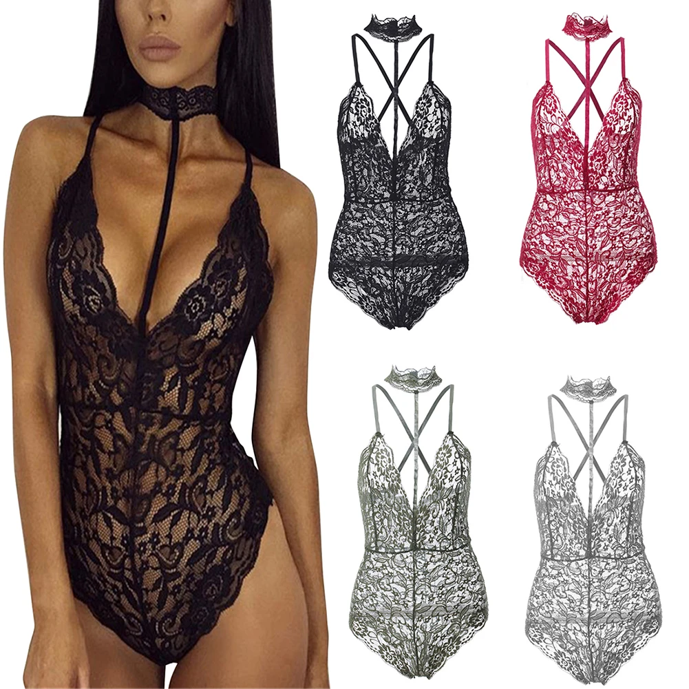 

2020 Elegant Floral Red Lace Bodysuit Women Backless Deep V Neck Sexy Bodysuit Bodycon Halter Sleeveless Jumpsuit Romper