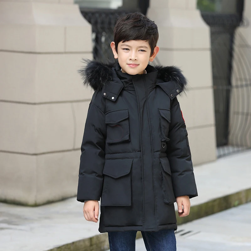 Boys Winter Jacket Goose Down Coat Kids Warm Clothes-30 with Fur Hooded Long Parks Big Boy Children Outerwear 8 10 12 14 year