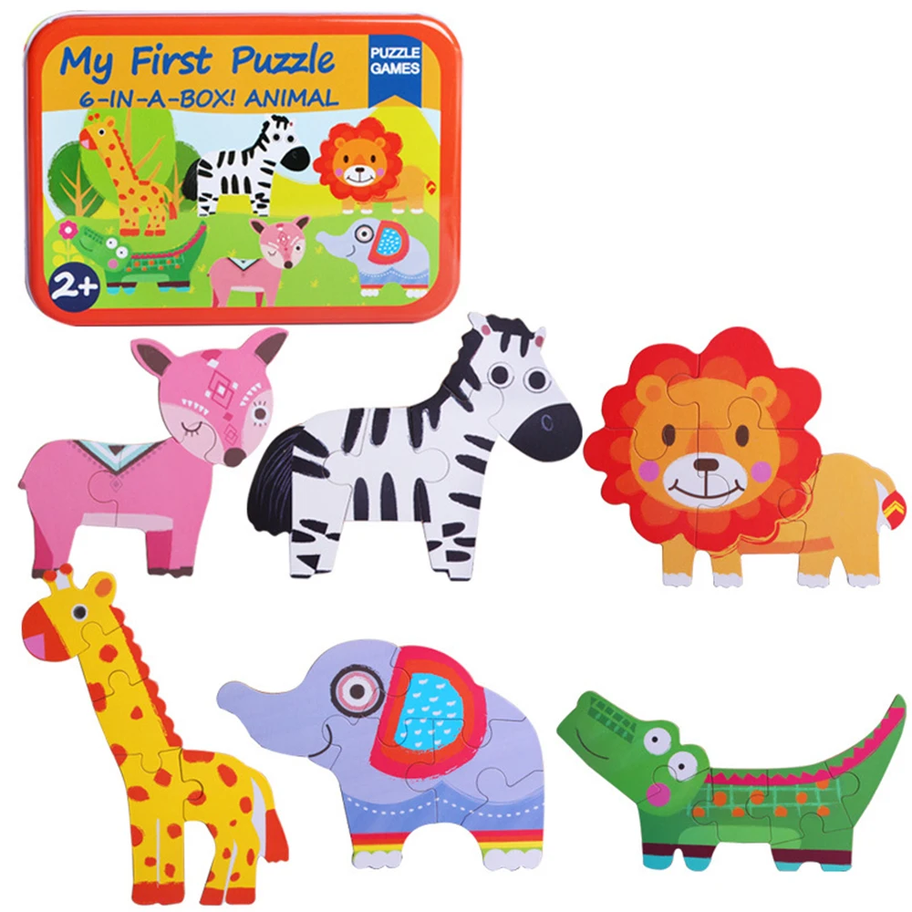 Big Size Flake Baby Wooden Puzzle Toy Early Education Cartoon Animal Fruit Cognition Card Jigsaw Set Metal Box For Children Gift | Игрушки и