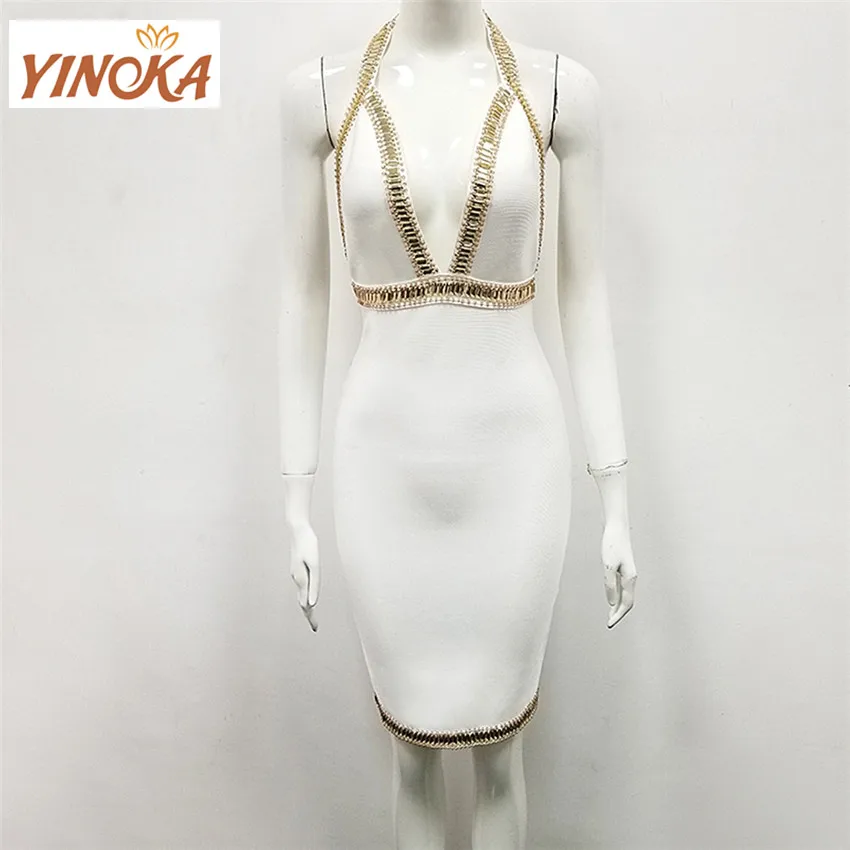 

Yinoka bodycon dress bandage yellow beading sexy women clothing modern girls fashion party wear sexy prom party dresses