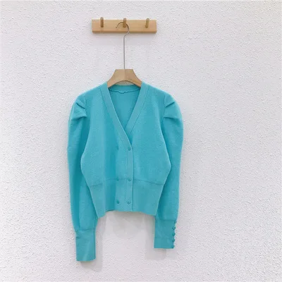 

Bubble sleeve sweater autumn new v collar long-sleeved top slim waist short sweater women tide women oversized cardigan