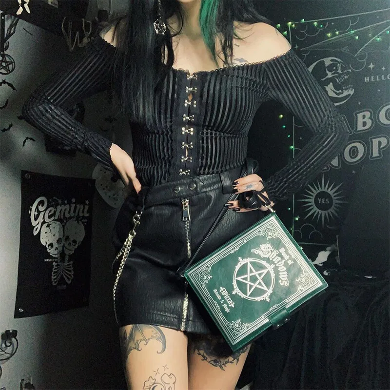JIEZuoFang New Goth Off Shoulder Sexy Long Sleeve Crop Top Women Gothic Streetwear Black Straip Transparent Female Tops | Женская одежда
