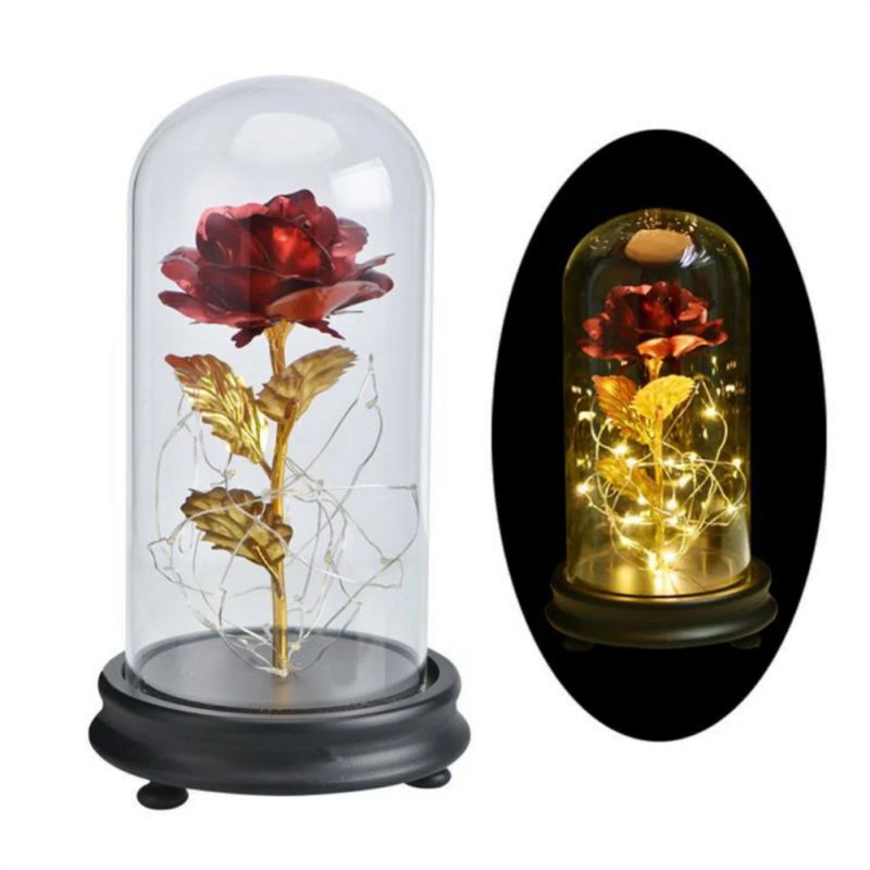 

24K Gold-Plating LED Light Eternal Rose In Glass Dome Valentines Day Gift Immortal Flower For Love