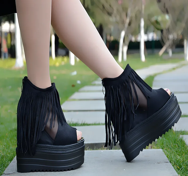 

Spring and summer 2021 high heel fish mouth sandals 13cm thick bottom muffin super high heel women's single platform heels