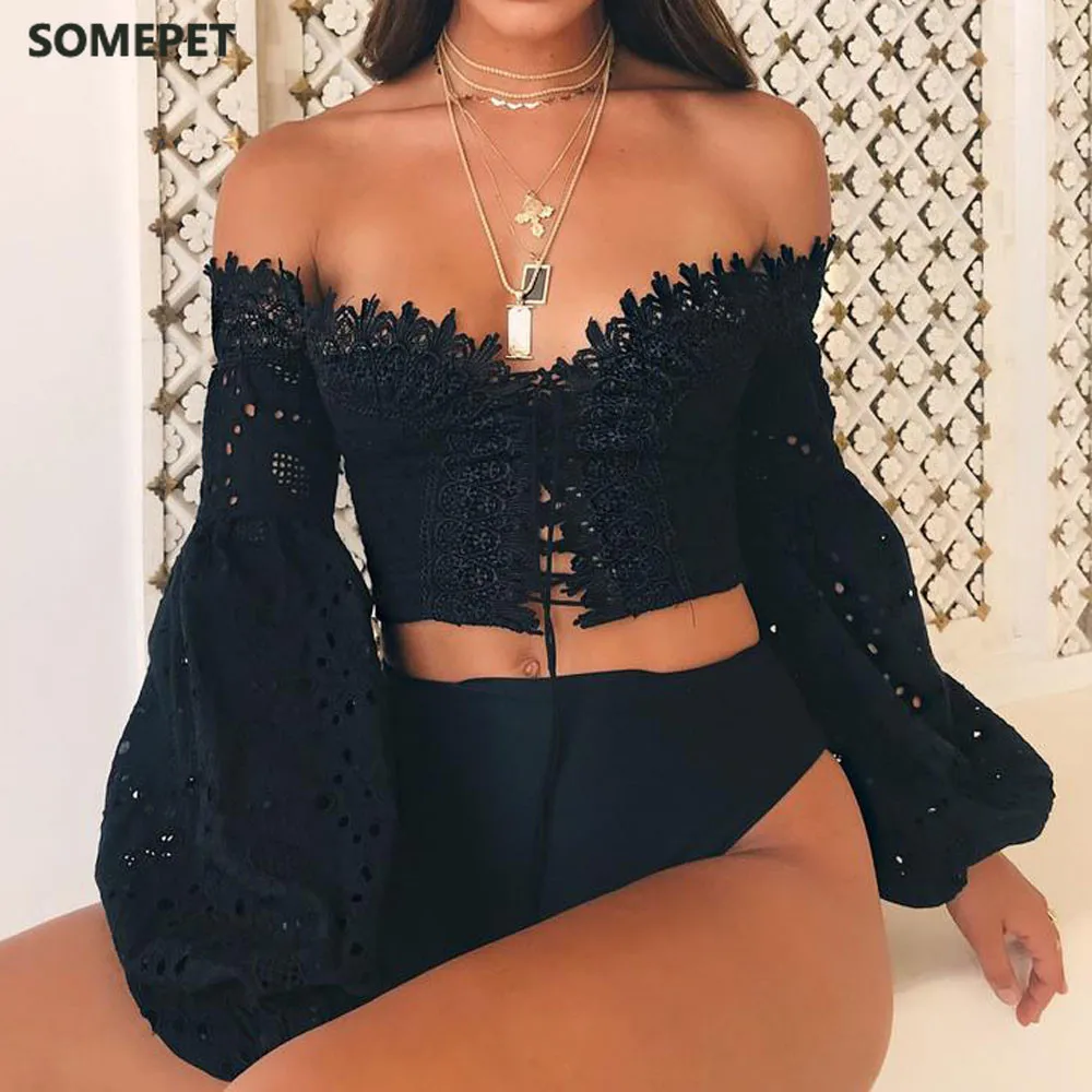 

Off Shoulder Ladies Tops Lace Summer Blouse Women Long Sleeve Bandage Crop Shirt Sexy Hollow out Blouses women's shirt