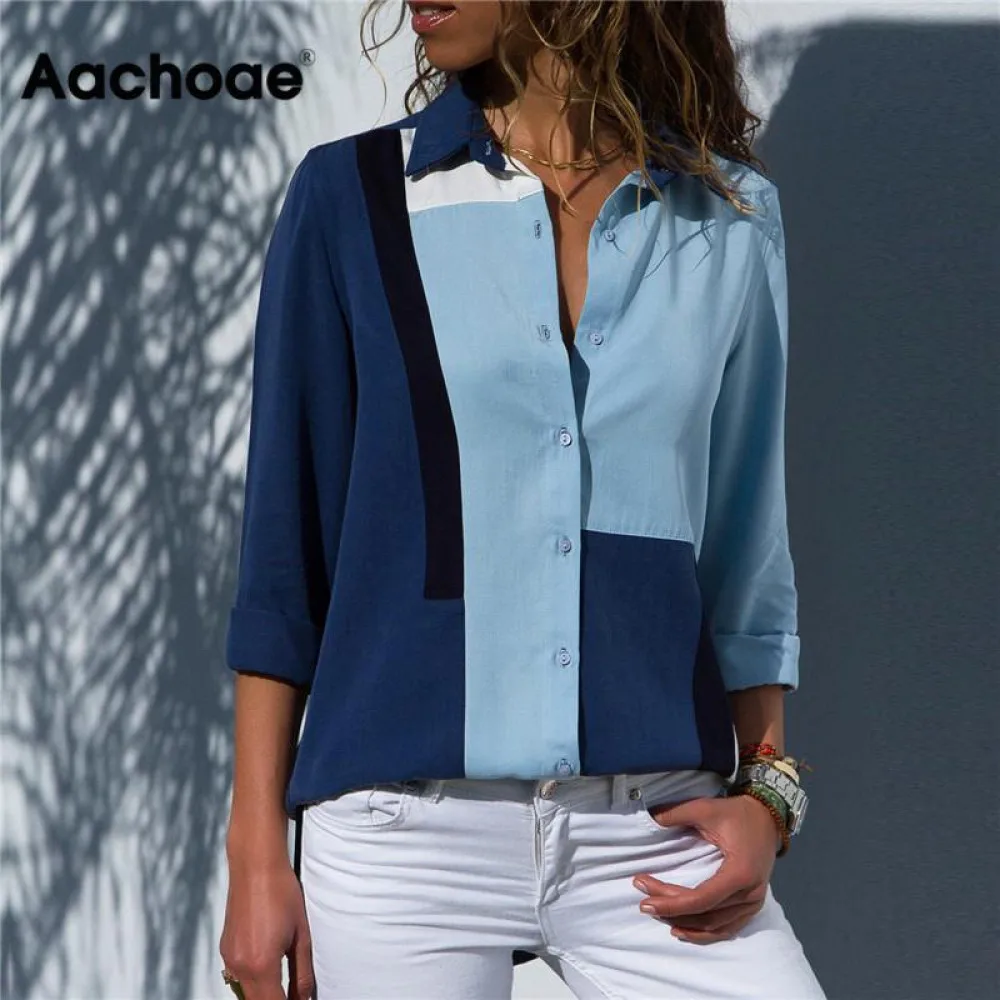 

Aachoae Blouses Shirt Plus Sleeve Blouse Long Collar Blusas Turn Tops Office Femininas Shirt Down Women Casual Size Fashion Fa