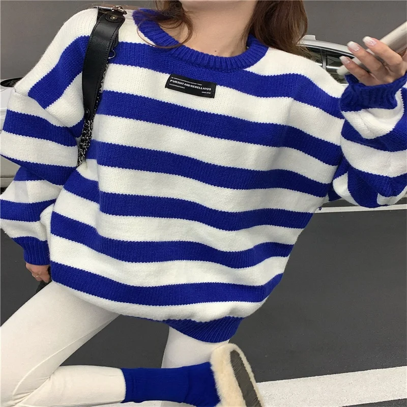 

Winter 2021 New Korean Version Of The Lazy Wind Loose Outer Wear Hedging Was Thin Wild Round Neck Retro Striped Sweater Women