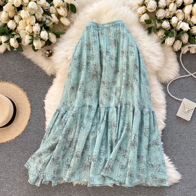 

Half-length Skirts Women 2021 Summer Fashion Elastic High-waisted Chiffon Skirt Women Printed Ruffled Fluffy Skirt Women's Trend