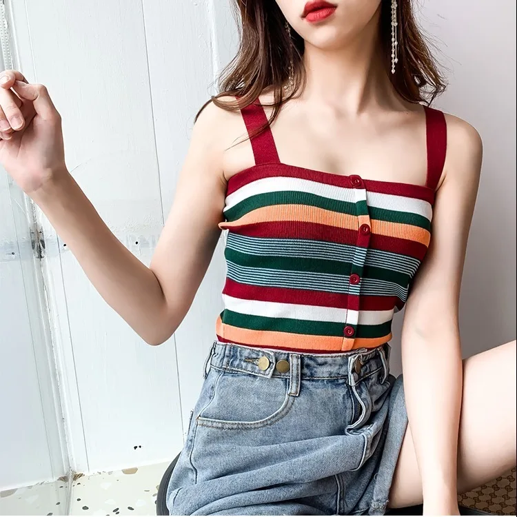 

Women Corset Tops Small Sling Vest Female Summer Rainbow Striped Short Style Avocado Green Top Tank Camis Crop Top For Women