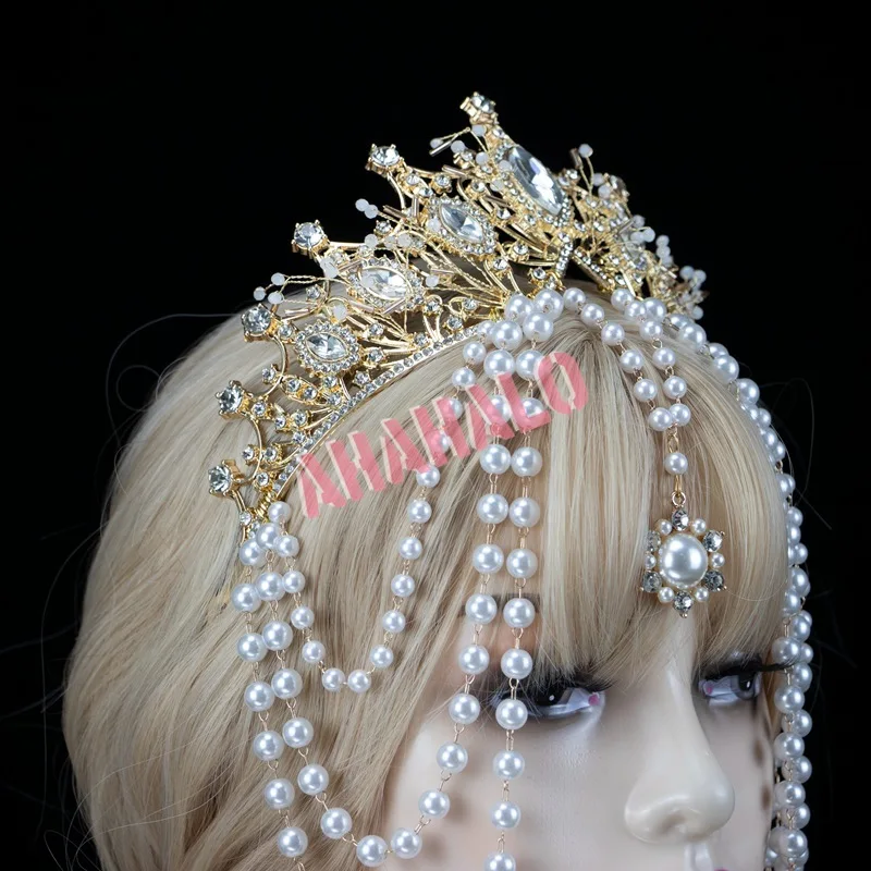 

Lolita Crown Headband Handmade Baroque Goddess Queen Pearl Pendant Sun Crown Headpiece Gothic Wedding Bridal Tiara Accessories
