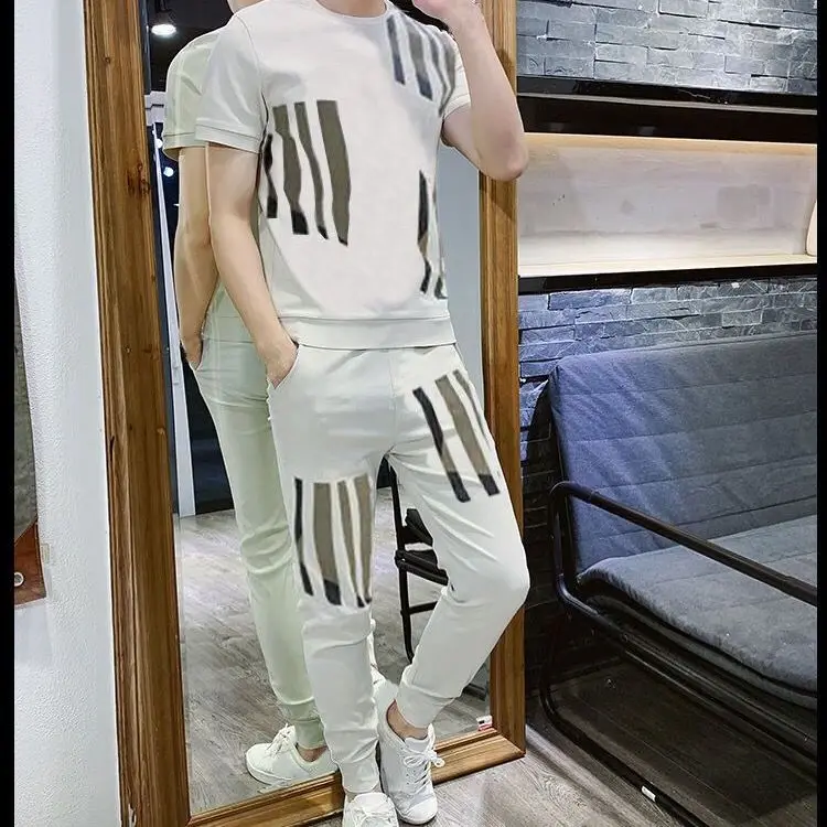 

Men 's T- shirt Suit Summer Two - Piece Suit Male Student Sports Leisure Trendy Short Sleeve T- shirt Trousers Set