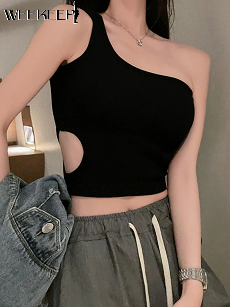 

Weekeep Hollow Out Solid Crop Tops With Chest Pad Women Sexy Chic One Shoulder Skinny Asymmetric Tank Korean Fashion Summer Vest