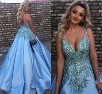 2020 blue a line prom dresses long with deep v neck sequins beads spaghetti straps evening gowns lace appliques formal cocktail