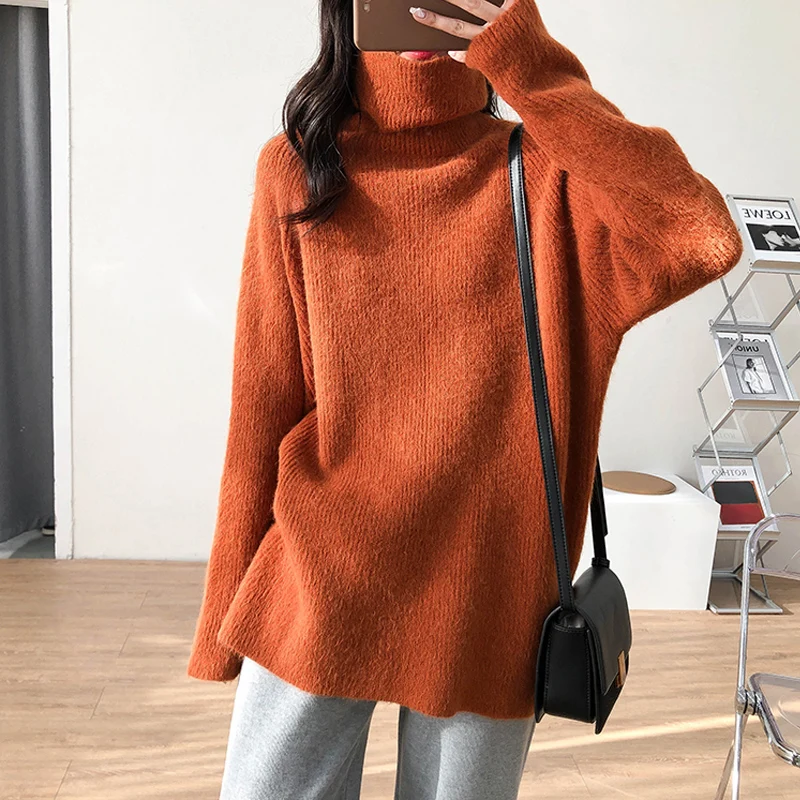 

Autumn and winter women's sweater casual solid color high neck long sleeve loose sweater