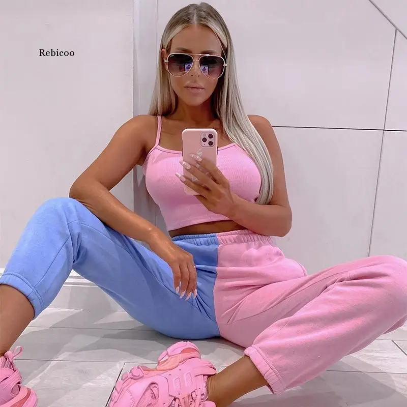 

Весенние модные контрастные Цветные Лоскутные повседневные брюки, женская уличная одежда, Капри с высокой талией, брюки-джоггеры