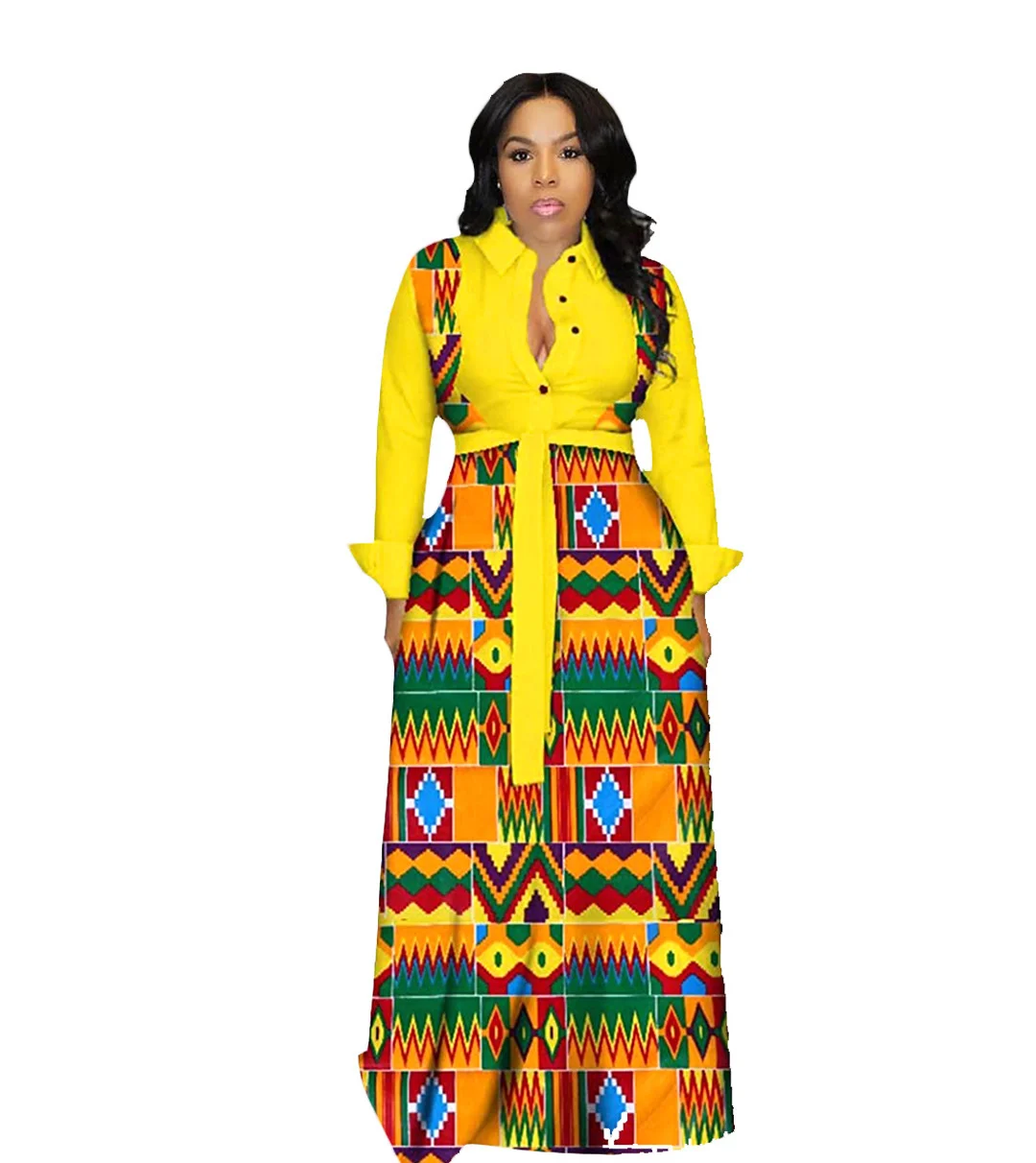 

Sexy Maxi Dress Long Sleeve Floral Print Plus Size Womens Dresses Turndown Collar With Lace Up Belt Fashion Vestidos