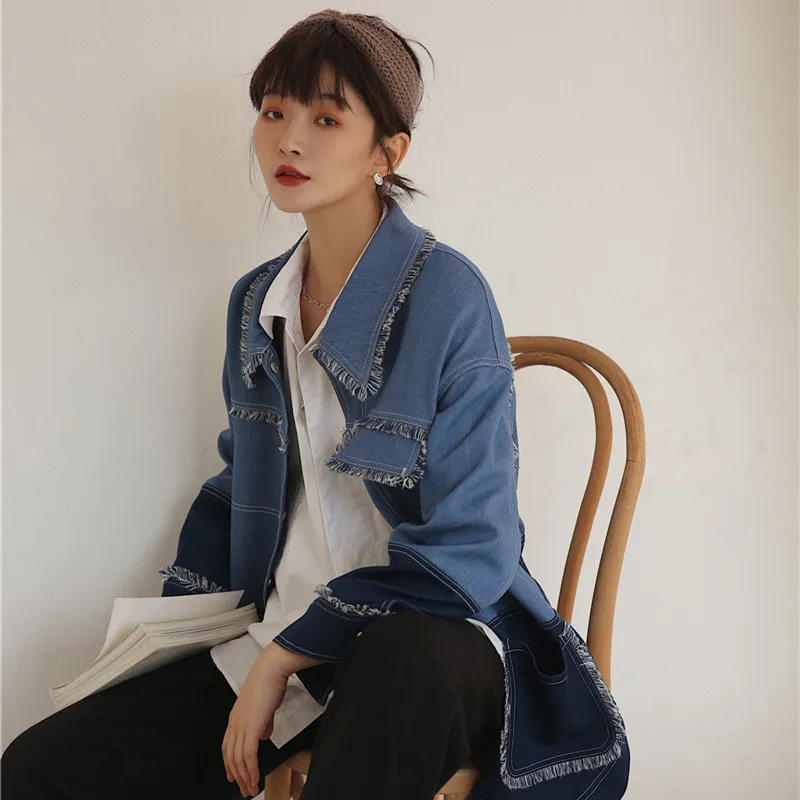 Tassel jean coat women temperament Spliced Long-sleeved Denim Jacket Casual Fashion Loose Plus Woman Coat 2020 Spring New NZY109 |