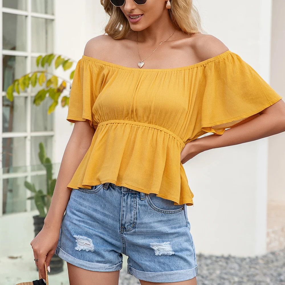 

Women's Elegant Bell Sleeve Square Neck Shirred Waist Peplum Top Summer 2021 Blouse Backless Crop Top Streetwear Tee