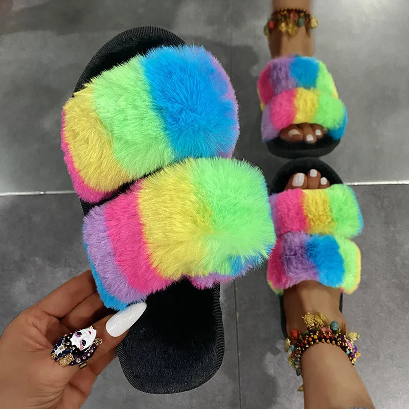 

Women's Slippers Open Toe Winter Plush Female Slides Mixed Color Ladies Women Inside Flat House Shoes Plush 2021 Fashion Shoes