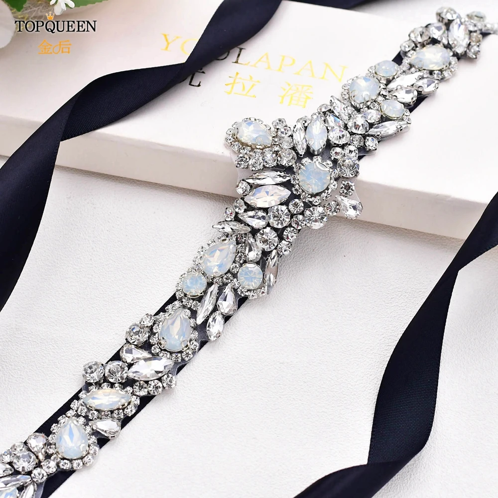 

TOPQUEEN S462 Opal Bridal Belt for Dress Champagne Sash Belt Long Rhinestone Bridal Belts Silver Dress Sparkly Belt Party Belt