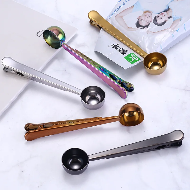 

Gold Silver Stainless Steel Coffee Measuring Two-In-One Spoon Seasoning Sealing Clip Kitchen Accessory Cafe Expresso Decoration