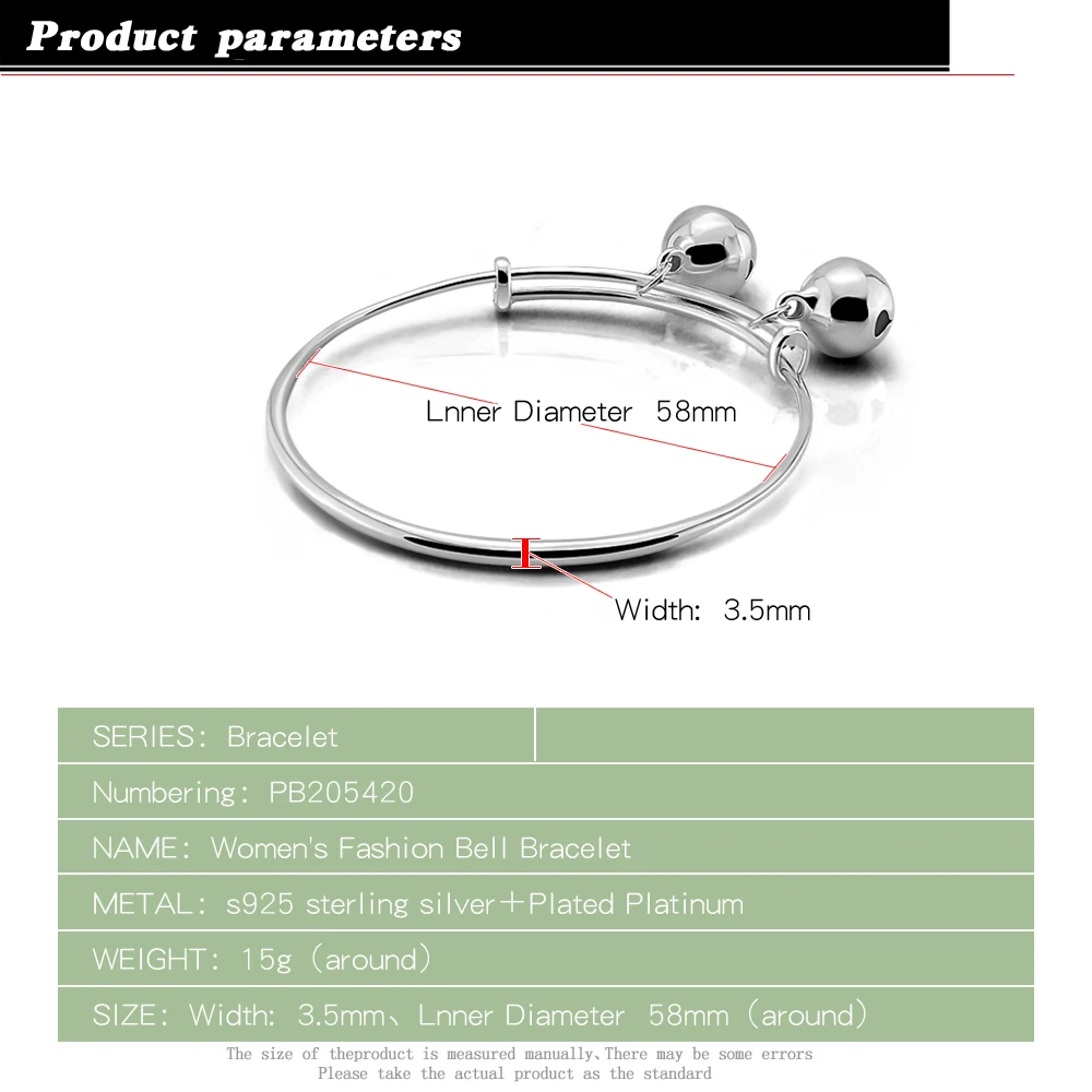 925 Sterling Silver Bracelet Female Simple Bell Pendant Design Solid Women's Popular Hewelry Birthday Gift | Украшения и