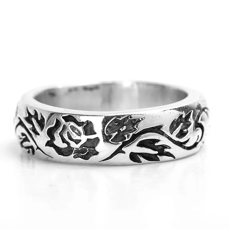 

Classical Rose Rose Flower Pattern Ring Men and Women Retro Plated S925 Thai Silver Black Ring Personality