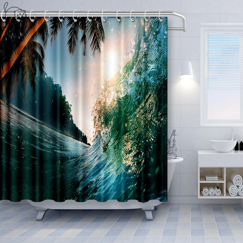 Vixm Surf Waves Caribbean Sea and Water Splash for Surfers Polyester Fabric Bathroom Shower Curtains with Hooks | Дом и сад