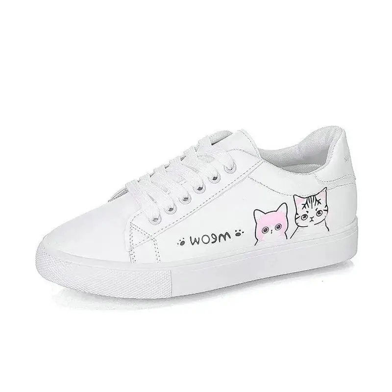 

2021 New Arrival Fashion Lace-up Women Sneakers Women Casual Shoes Printed summer Women Pu Shoes Cute Cat Canvas Shoes