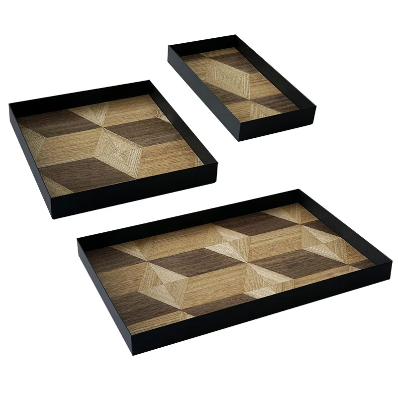 

Iron Wood Splicing Decorative Tray Nordic Style Veneer Snack Tray Bread Display Plate Art