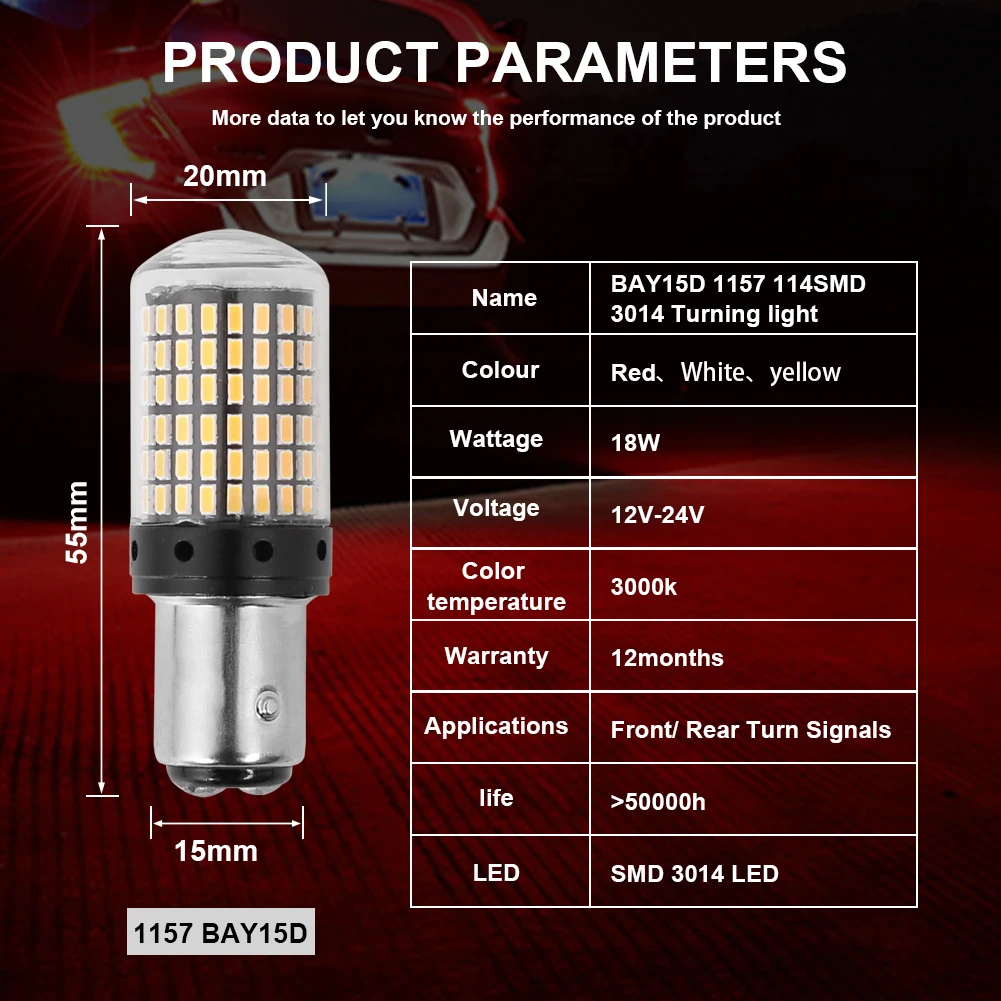 

3000k 18W BAY15D 1157 Turn Signal Light Canbus No Error Super Bright Led Bulb Amber Blinker Car lights Car Accessories