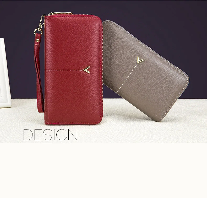 Women clutch bag leather wallet female long zipper clutch bag top layer cowhide portable large capacity paper clip new