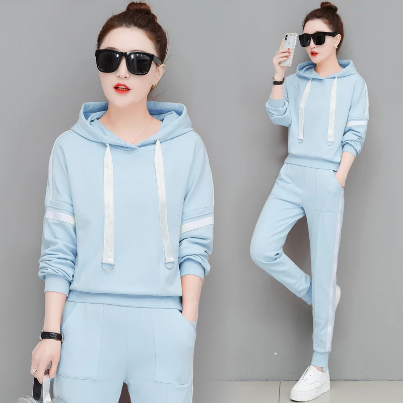 blue 1 Спортивный костюм для женщин; костюмы; комплект из 2 предметов; полосатые толстовки с капюшоном; брюки; костюм размера плюс; большой свободный спортивный костюм; одежда - Цвет: blue 1