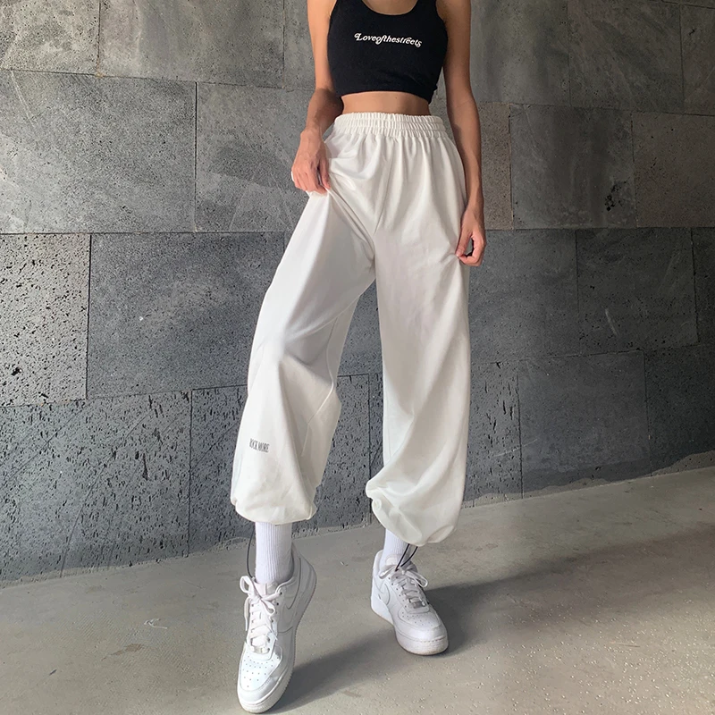 

Casual Drawstring Sweatpants Joggers Women 2020 Streetwear Loose Straight Trousers Harajuku High Waist Gray Pants Femme Capris