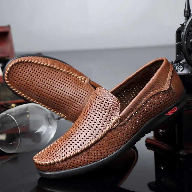 

Brown Black Men Leather Shoes Genuine Casual Flat Comfortable Flats Slip On Handmade Size 38~47