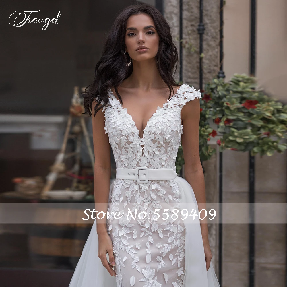 

Traugel V Neck Mermaid 2 IN 1 Wedding Dress Appliques Sleeveless Lace Bride Dress Detachable Sweep Train Wedding Gowns Plus Size