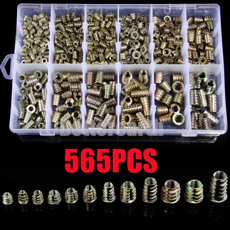565PCS Threaded Inserts Nuts, Wood Insert Assortment Tool Kit, M4/M5/M6/M8 M10 Furniture Screw Inserts Bolt Fastener