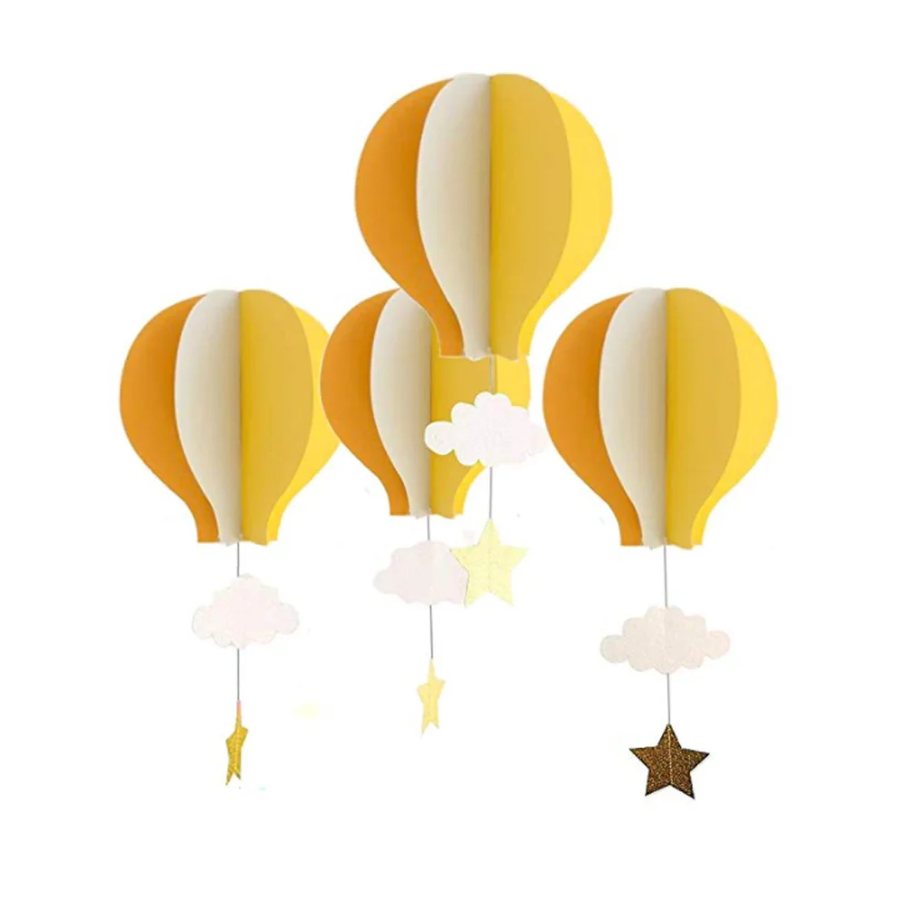 

4pcs 3D Paper Pendant Hot Air Balloons Clouds Stars Hanging Ornaments for Home Decor (Orange Yellow and Beige)